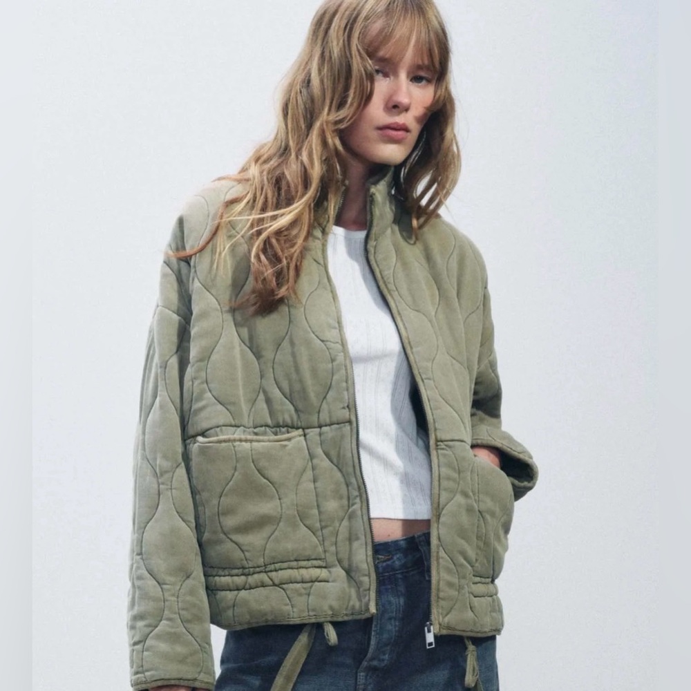 Zara olive green Quilted Outerwear padded coat front pockets funnel neck SZ L